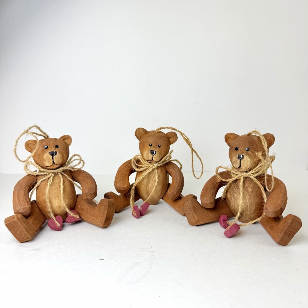 Rustic Wood Teddy Bear Ornaments Set 3 Farmhouse Cottage Decor - Picture 3 of 12